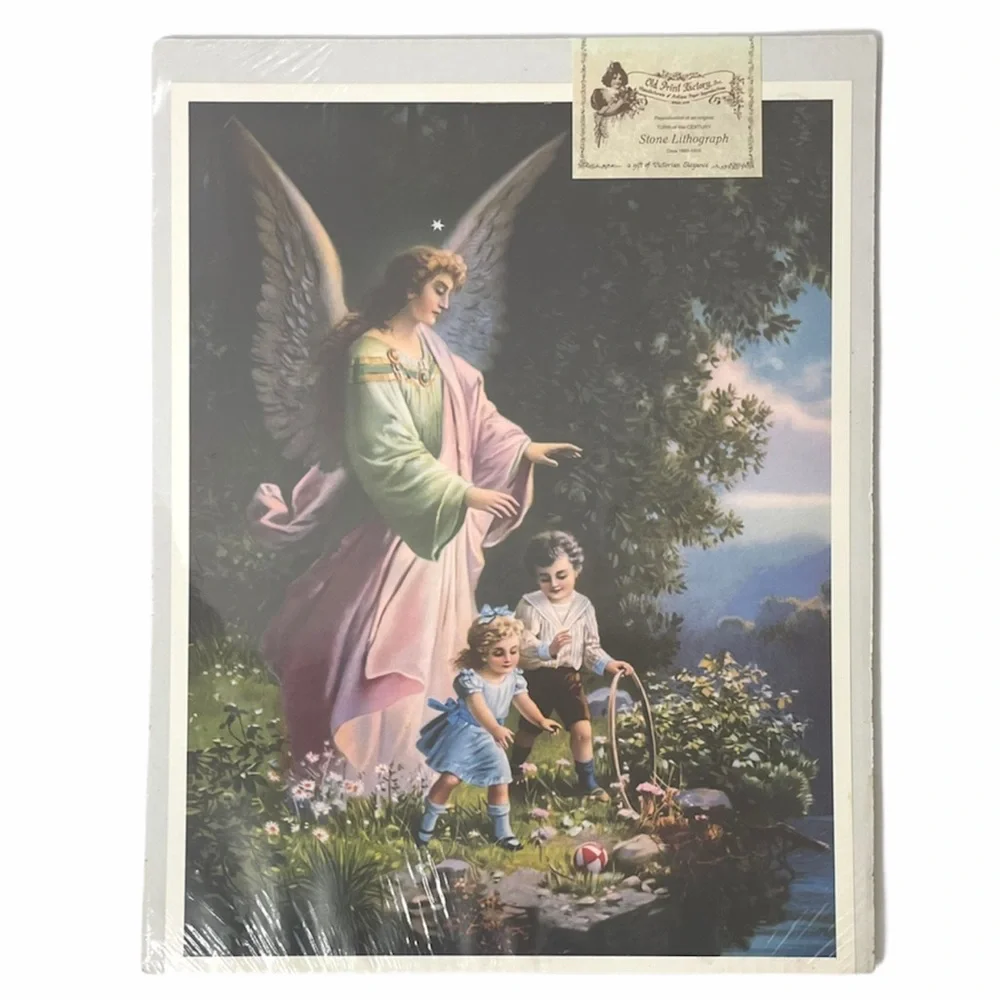 Vintage Picture Victorian Lithograph Guardian Angel Floral Old Print Factory
